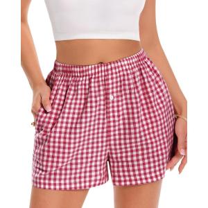 imageBoxer Shorts for Women Summer Gingham Pajama Casual Plaid Shorts Y2K Beach Bottoms with PocketA Red