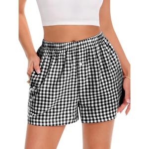 imageBoxer Shorts for Women Summer Gingham Pajama Casual Plaid Shorts Y2K Beach Bottoms with PocketBlack