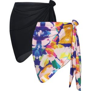 imageCHICGAL 2 Pieces Women Beach Sarong Bathing Suit Wrap Skirt Sheer Bikini Swimsuit Cover Ups for SwimwearBlack  Colorful Paint