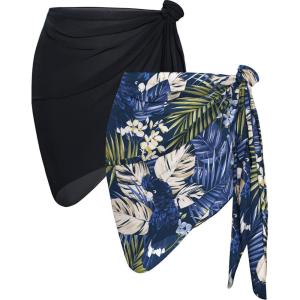 imageCHICGAL 2 Pieces Women Beach Sarong Bathing Suit Wrap Skirt Sheer Bikini Swimsuit Cover Ups for SwimwearBlack  Dark Blue Leaf