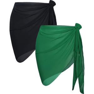 imageCHICGAL 2 Pieces Women Beach Sarong Bathing Suit Wrap Skirt Sheer Bikini Swimsuit Cover Ups for SwimwearBlack  Dark Green