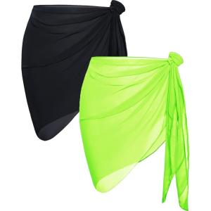 imageCHICGAL 2 Pieces Women Beach Sarong Bathing Suit Wrap Skirt Sheer Bikini Swimsuit Cover Ups for SwimwearBlack  Fluorescent Green