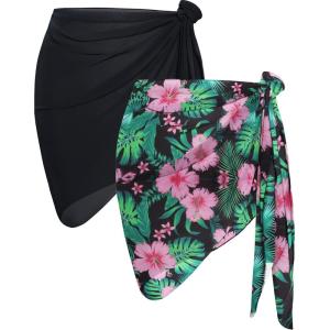 imageCHICGAL 2 Pieces Women Beach Sarong Bathing Suit Wrap Skirt Sheer Bikini Swimsuit Cover Ups for SwimwearBlack  Green Pink Floral