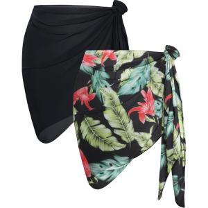 imageCHICGAL 2 Pieces Women Beach Sarong Bathing Suit Wrap Skirt Sheer Bikini Swimsuit Cover Ups for SwimwearBlack  Green Vintage Leaf