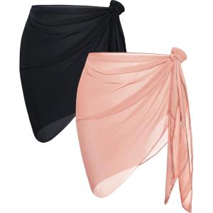 imageCHICGAL 2 Pieces Women Beach Sarong Bathing Suit Wrap Skirt Sheer Bikini Swimsuit Cover Ups for SwimwearBlack  Orange Pink