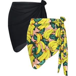 imageCHICGAL 2 Pieces Women Beach Sarong Bathing Suit Wrap Skirt Sheer Bikini Swimsuit Cover Ups for SwimwearBlack and Banana Pink
