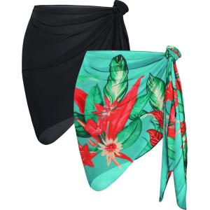 imageCHICGAL 2 Pieces Women Beach Sarong Bathing Suit Wrap Skirt Sheer Bikini Swimsuit Cover Ups for SwimwearBlack and Blue Green