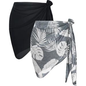 imageCHICGAL 2 Pieces Women Beach Sarong Bathing Suit Wrap Skirt Sheer Bikini Swimsuit Cover Ups for SwimwearBlack and Grey Leaf