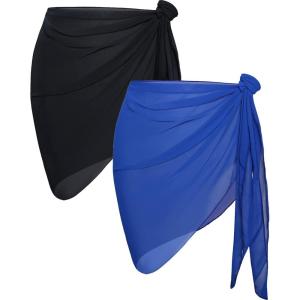 imageCHICGAL 2 Pieces Women Beach Sarong Bathing Suit Wrap Skirt Sheer Bikini Swimsuit Cover Ups for SwimwearBlack and Solid Blue