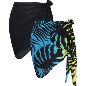 imageCHICGAL 2 Pieces Women Beach Sarong Bathing Suit Wrap Skirt Sheer Bikini Swimsuit Cover Ups for SwimwearBlack and Yellow Blue Leaf