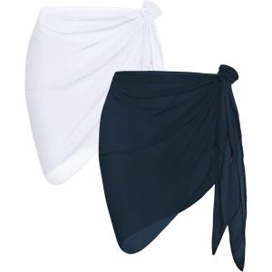 imageCHICGAL 2 Pieces Women Beach Sarong Bathing Suit Wrap Skirt Sheer Bikini Swimsuit Cover Ups for SwimwearWhite  Navy Blue