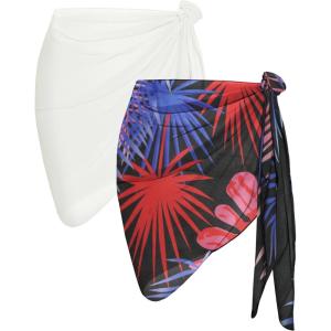 imageCHICGAL 2 Pieces Women Beach Sarong Bathing Suit Wrap Skirt Sheer Bikini Swimsuit Cover Ups for SwimwearWhite  Red Blue Floral