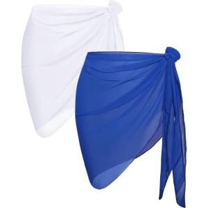 imageCHICGAL 2 Pieces Women Beach Sarong Bathing Suit Wrap Skirt Sheer Bikini Swimsuit Cover Ups for SwimwearWhite and Blue