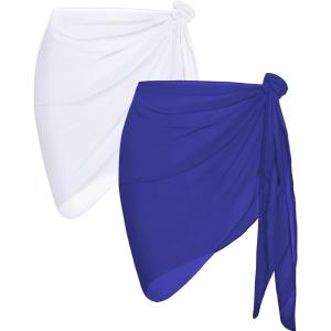 imageCHICGAL 2 Pieces Women Beach Sarong Bathing Suit Wrap Skirt Sheer Bikini Swimsuit Cover Ups for SwimwearWhite and Royal Blue
