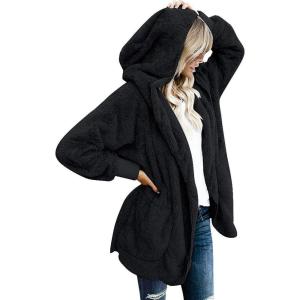 imageCHICGAL Womens Fuzzy Jacket Hooded Cardigan Open Front Sherpa Coat Outwear with PocketsBlack