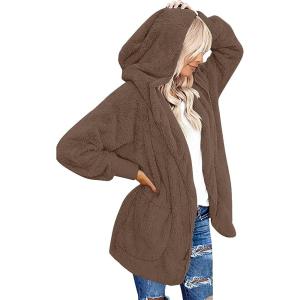 imageCHICGAL Womens Fuzzy Jacket Hooded Cardigan Open Front Sherpa Coat Outwear with PocketsBrown