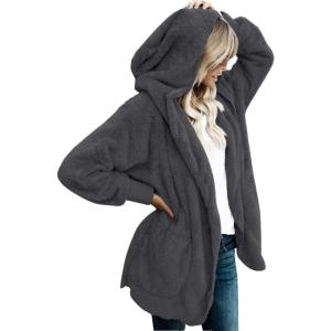 imageCHICGAL Womens Fuzzy Jacket Hooded Cardigan Open Front Sherpa Coat Outwear with PocketsDark Grey