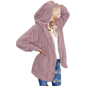 imageCHICGAL Womens Fuzzy Jacket Hooded Cardigan Open Front Sherpa Coat Outwear with PocketsGrey Purple