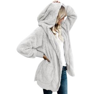 imageCHICGAL Womens Fuzzy Jacket Hooded Cardigan Open Front Sherpa Coat Outwear with PocketsLight Grey