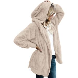 imageCHICGAL Womens Fuzzy Jacket Hooded Cardigan Open Front Sherpa Coat Outwear with PocketsLight Khaki