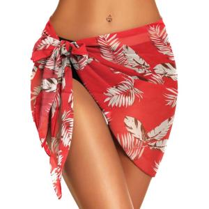 imageSwimsuit Coverups for Women Sarong Beach Bikini Wrap Sheer Short Skirt Chiffon Scarf for SwimwearLeaf Red