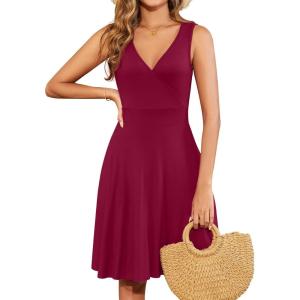 imageWEACZZY 2025 Womens Wrap V Neck Sleeveless Summer Dresses Beach Holiday Tank Dress Flowy Casual Sundress with PocketsA Wine Red