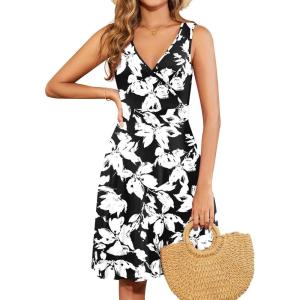 imageWEACZZY 2025 Womens Wrap V Neck Sleeveless Summer Dresses Beach Holiday Tank Dress Flowy Casual Sundress with PocketsSketch White Black