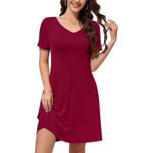 imageWEACZZY Summer Dresses for Women 2025 VNeck Casual T Shirt Dress Loose Short Sleeve Flowy Dresses with Pockets01 Wine Red