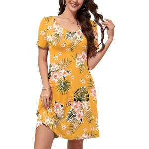 imageWEACZZY Summer Dresses for Women 2025 VNeck Casual T Shirt Dress Loose Short Sleeve Flowy Dresses with PocketsGreen Leaf Yellow