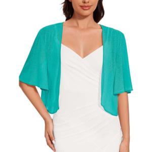 imageWomen Bolero Shrug Cardigan Open Front Cover Up Sheer Short Sleeve Kimonos for Evening DressBlue Green