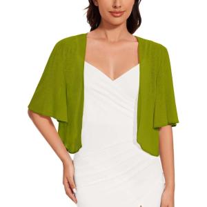 imageWomen Bolero Shrug Cardigan Open Front Cover Up Sheer Short Sleeve Kimonos for Evening DressDark Green