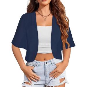 imageWomen Bolero Shrug Cardigan Open Front Cover Up Sheer Short Sleeve Kimonos for Evening DressNavy Blue