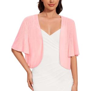 imageWomen Bolero Shrug Cardigan Open Front Cover Up Sheer Short Sleeve Kimonos for Evening DressPink