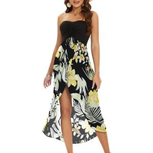 imageWomens Beach Dress Summer Maxi Sundress Strapless Hawaiian Cover Ups Asymmetrical Wrap DressesBlack Yellow Flowers