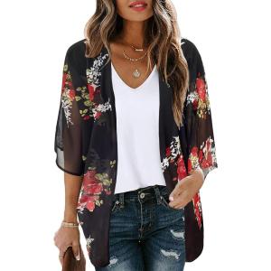 imageWomens Floral Print Puff Sleeve Kimono Cardigan Loose Cover Up Casual Blouse TopsA Black Floral