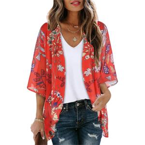 imageWomens Floral Print Puff Sleeve Kimono Cardigan Loose Cover Up Casual Blouse TopsAa Boho Red