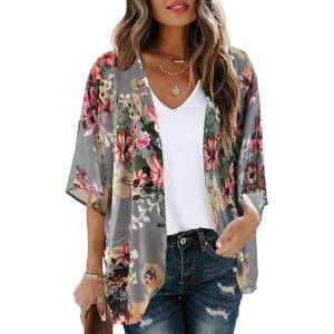 imageWomens Floral Print Puff Sleeve Kimono Cardigan Loose Cover Up Casual Blouse TopsAa Dark Grey