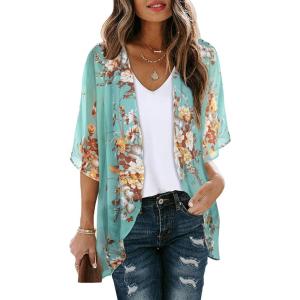 imageWomens Floral Print Puff Sleeve Kimono Cardigan Loose Cover Up Casual Blouse TopsAqua Blue