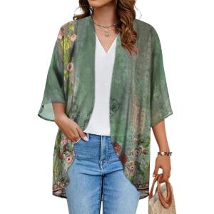 imageWomens Floral Print Puff Sleeve Kimono Cardigan Loose Cover Up Casual Blouse TopsArmy Green Floral