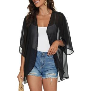 imageWomens Floral Print Puff Sleeve Kimono Cardigan Loose Cover Up Casual Blouse TopsB Solid Black