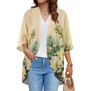 imageWomens Floral Print Puff Sleeve Kimono Cardigan Loose Cover Up Casual Blouse TopsBeige White Floral