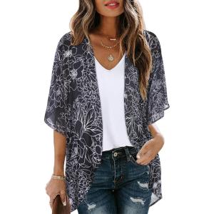 imageWomens Floral Print Puff Sleeve Kimono Cardigan Loose Cover Up Casual Blouse TopsBlack Brief Flowers