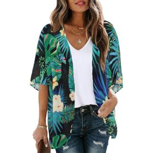 imageWomens Floral Print Puff Sleeve Kimono Cardigan Loose Cover Up Casual Blouse TopsBlack Green Tropical