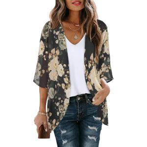 imageWomens Floral Print Puff Sleeve Kimono Cardigan Loose Cover Up Casual Blouse TopsBlack Khaki Floral