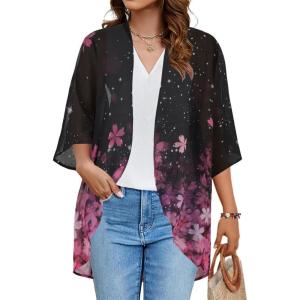 imageWomens Floral Print Puff Sleeve Kimono Cardigan Loose Cover Up Casual Blouse TopsBlack Pink Purple Floral
