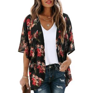imageWomens Floral Print Puff Sleeve Kimono Cardigan Loose Cover Up Casual Blouse TopsBlack Red Rose