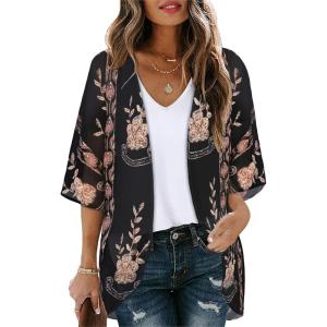 imageWomens Floral Print Puff Sleeve Kimono Cardigan Loose Cover Up Casual Blouse TopsBlack Vintage Flower