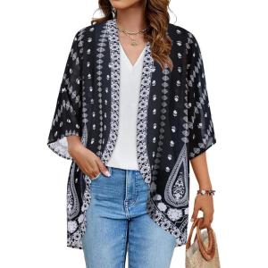 imageWomens Floral Print Puff Sleeve Kimono Cardigan Loose Cover Up Casual Blouse TopsBlack White Print