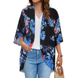 imageWomens Floral Print Puff Sleeve Kimono Cardigan Loose Cover Up Casual Blouse TopsBlue Pink Flower