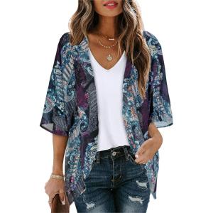 imageWomens Floral Print Puff Sleeve Kimono Cardigan Loose Cover Up Casual Blouse TopsBoho Purple